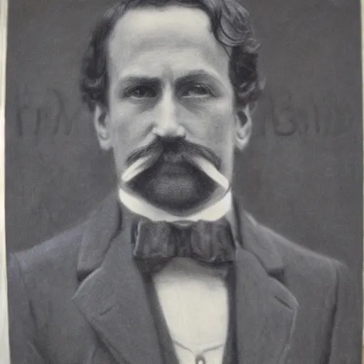 Image similar to portrait of an action hero, suit, bow tie, mustache, by alfred stevens in charcoal