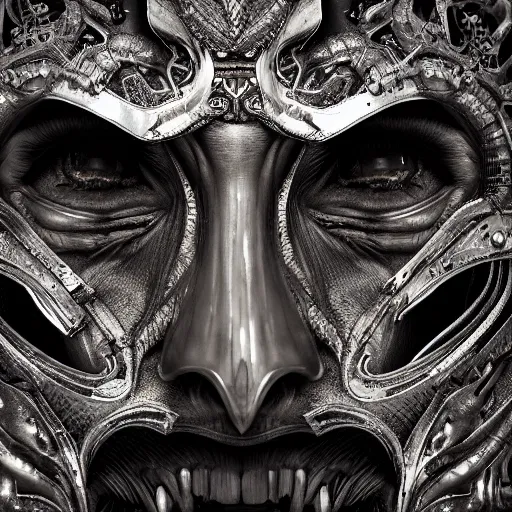 Prompt: Very very very very highly detailed epic zoom out photo of demonic face with venetian mask, intricate, dystopian, sci-fi, extremely detailed, digital painting, artstation, concept art, smooth, sharp focus, illustration, intimidating lighting, incredible art by Anna Dittmann, Anton Pieck, Octane render in Maya and Houdini