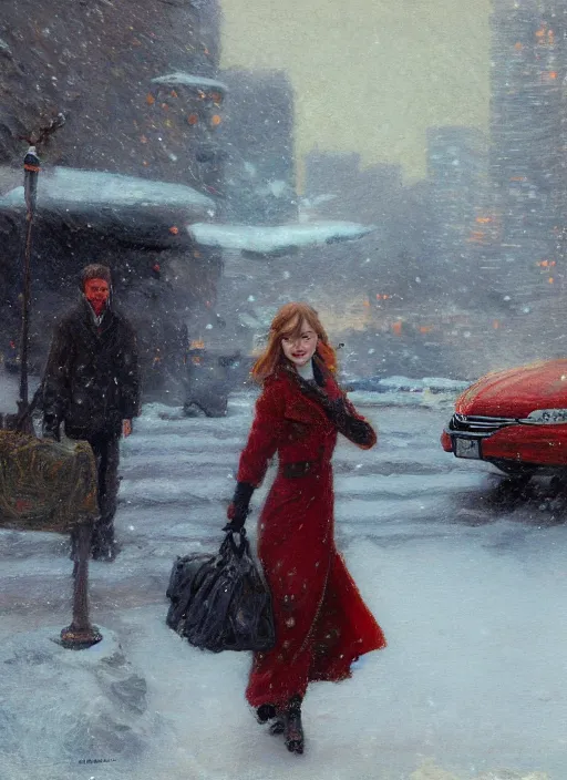 Image similar to emma stone getting out of a taxi in winter, artwork by gaston bussiere, craig mullins, trending on artstation