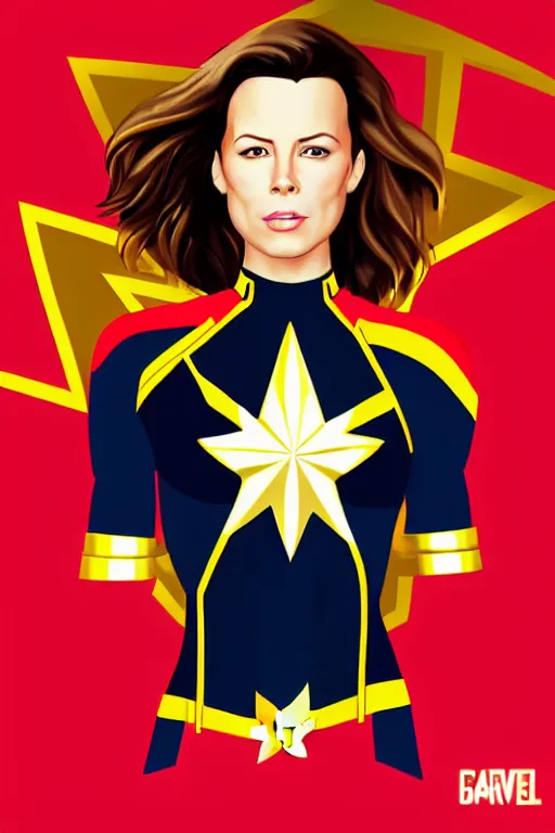 Image similar to young gorgeous Kate Beckinsale as Captain Marvel high quality digital painting in the style of James Jean