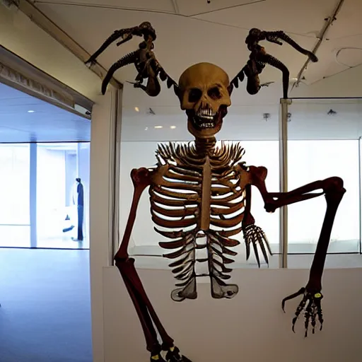 Image similar to reconstructed skeleton of alien creature, museum centrepiece