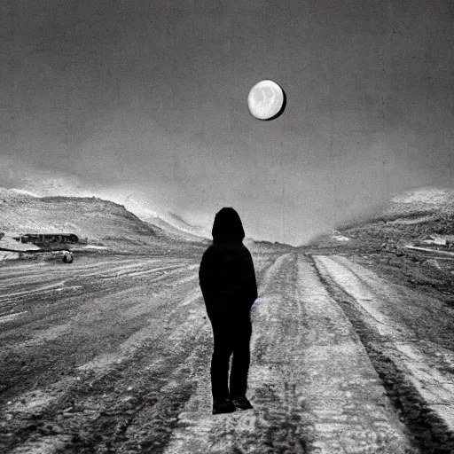 Prompt: moonwalker streetphoto, city street on the moon, a detailed photo of a norilsk, moon landscape