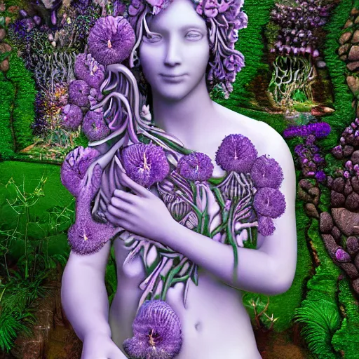 Prompt: an idealistic marble statue with fractal flowery hair in a fractal garden, glowing delicate flower and mushrooms that grow in a dark fatansy forest on the planet Pandora,, symmetrical,