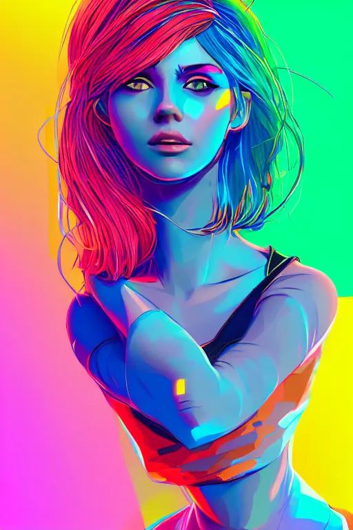 Prompt: a award winning portrait of a beautiful woman with stunning eyes in a one off shoulder croptop and cargo pants with rainbow colored hair, outlined by whirling illuminated neon lines and fine lines swirling in circles by ilya kuvshinov, digital art, trending on artstation