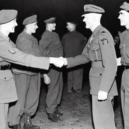 Prompt: WWII, historic photo of soldiers shaking hands, emotional photo, V-Day