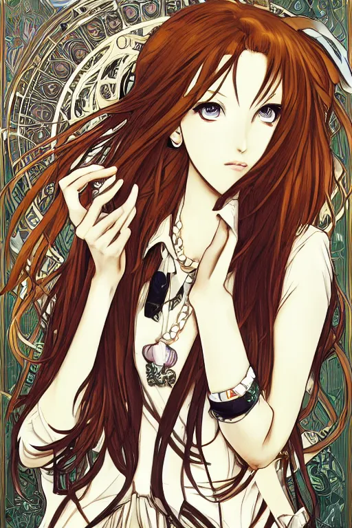 Prompt: Stylish Kurisu Makise tonemapped in the style of Ayami Kojima and Alphonse Mucha