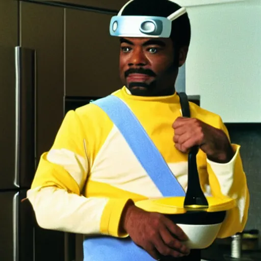 Image similar to Geordi LaForge wearing visor and a colander and random kitchen tools on his head