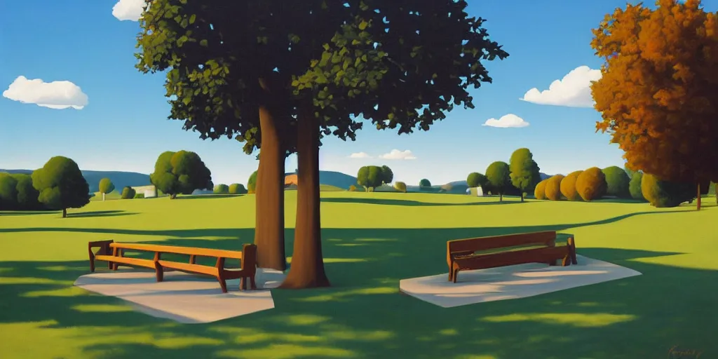 Prompt: the bench, blue sky, summer evening, kenton nelson