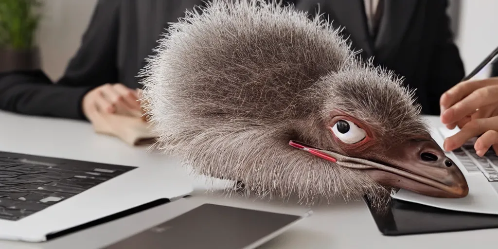 Prompt: a stressed ostrich doing taxes in front of a laptop, trending photo