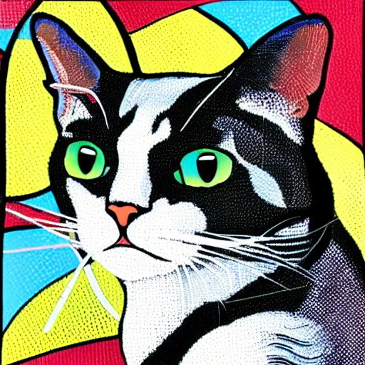 Image similar to a closeup oil portrait of an innocent, elegant cat, smiling, wearing pearl earrings, pop art, by roy lichtenstein