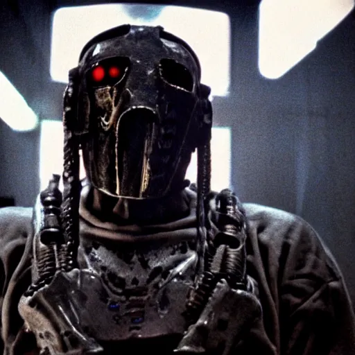 Prompt: movie still of slipknot cyborg, cinematic composition, cinematic light, criterion collection, by david lynch