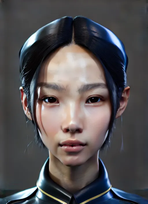 Image similar to portrait of angelababy, futuristic hong kong police uniform girl, au naturel, hyper detailed, digital art, trending in artstation, cinematic lighting, studio quality, smooth render, unreal engine 5 rendered, octane rendered, art style by klimt and nixeu and ian sprigger and wlop and krenz cushart