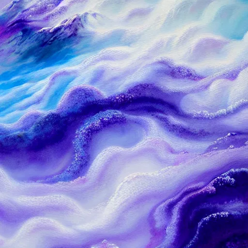 Prompt: a painting of splashing blue and purple swirls on a white speckled mountain, a detailed painting by hua yan, pascal blanche, deviantart, analytical art, detailed painting, oil on canvas, high detail