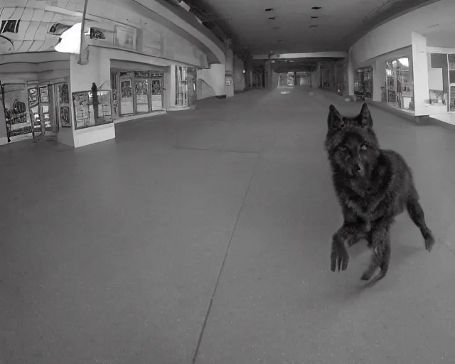 Prompt: Close up camera footage of a a Feral Black Wolf with severe late stage rabies in an abandoned shopping mall, Wolf Running Directly toward camera, It Follows :7 , high exposure, dark, monochrome, camera, grainy, CCTV, security camera footage, timestamp, zoomed in, Creepy, Feral, fish-eye lens, Rabid, Dire Wolf, Nightmare Fuel, Wolf, Evil, Stalking, Bite, Motion Blur, horrifying, lunging at camera :4 Blood on floors, windows and walls :5