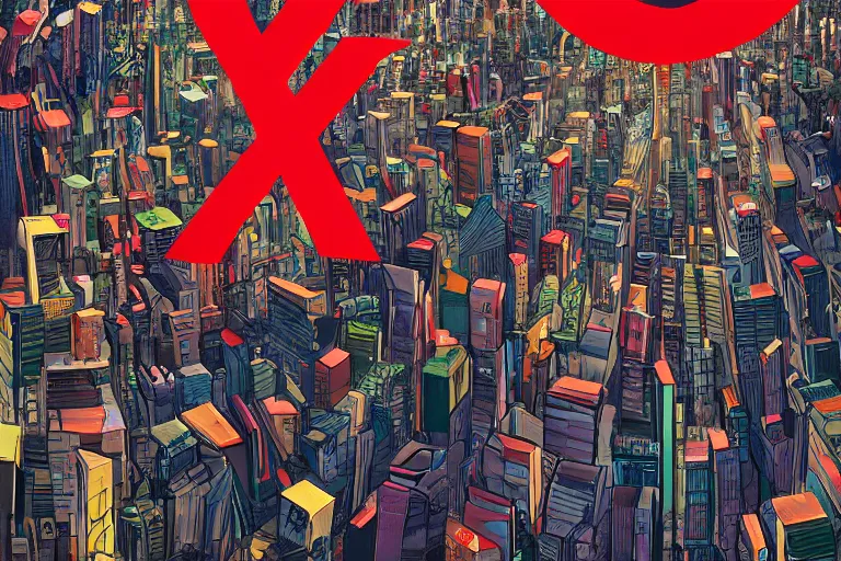 Prompt: an epic comic book style painting of the uppercase letter x towering over the world, the letter x, giant font, lettering, future tokyo cityscape with ribbons, banners and ribbons, trending on artstation, dynamic lighting