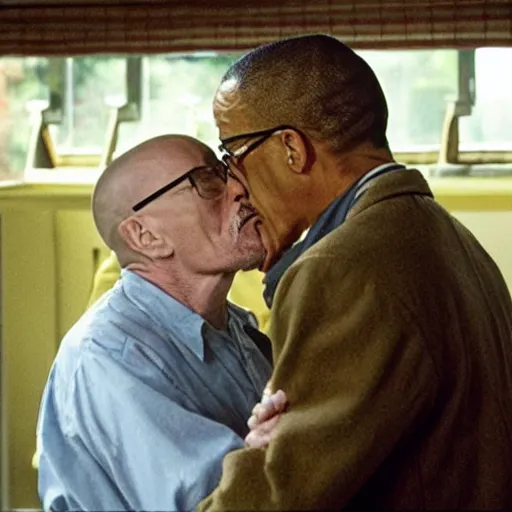 Prompt: walter white kissing gus fring