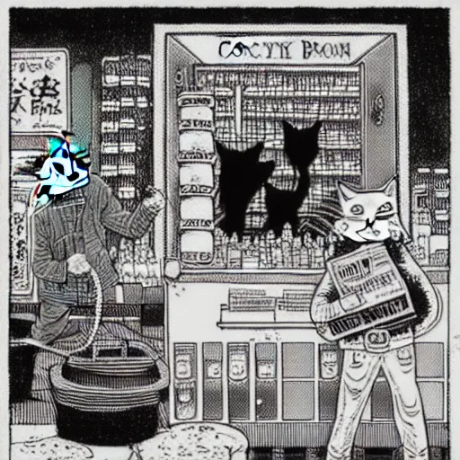 Image similar to detailed intricate colour illustration of a cat robbing a liquor store at gunpoint, comic book style, no speech bubbles, dystopian, dark, akira