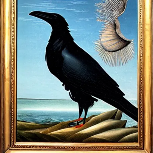 Image similar to high quality oil painting by botticelli, a raven bird standing on a seashell