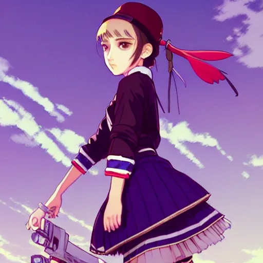 Image similar to a beautiful! boyish! natalie portman model, wearing catholic school girl outfit with mayan pattern and native style, jrpg aztec street fashion, gapmoe yandere grimdark, trending on pixiv fanbox, painted by greg rutkowski makoto shinkai takashi takeuchi studio ghibli, akihiko yoshida