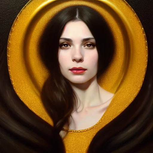 Image similar to portrait of a smiling, beautiful, pale skin eastern european female with long black hair, dark brown eyes, elegant clothing, photorealistic, highly detailed, artstation, smooth, sharp focus, gold ornaments, neon lighting, sci - fi, art by gustav klimt, artgerm, greg rutkowski and alphonse mucha