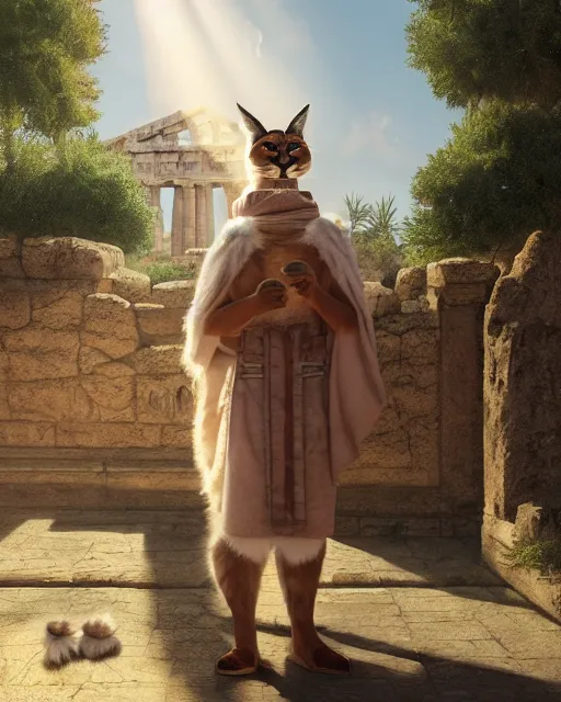 Prompt: fullbody photo of humanoid cute fluffy caracal dressed in toga, sun behind him, ancient greek city, sunny day, by ilya kuvshinov, rtx rendering, octane render 1 2 8 k, maya, extreme high intricate details by tom bagshaw, medium shot, composition by sana takeda, lighting by greg rutkowski