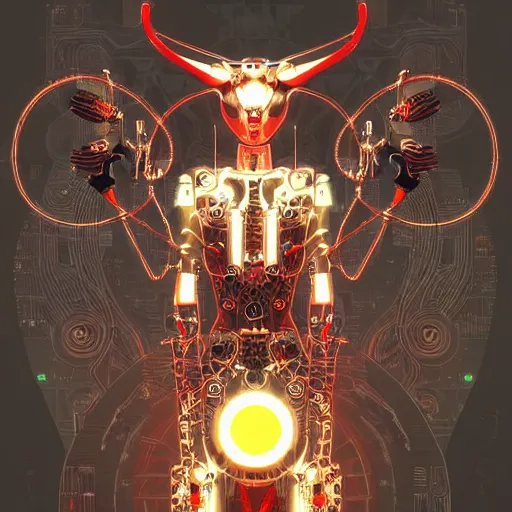 Image similar to a stylized minimalist horneded cybernetic demon, circuitry, klimt, royo, behance, global illumination