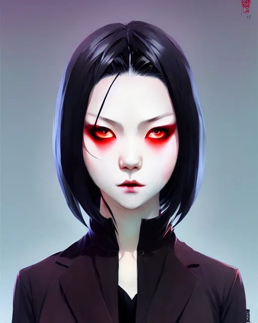 Prompt: sharp hq rendering, vampire, asian character portrait, concept art, painterly, fanart, highly detailed in the style of wlop by ilya kuvshinov, wenjun lin, sakimichan, artgerm, angular asymmetrical design, chinese artist, eastern art style, nixeu