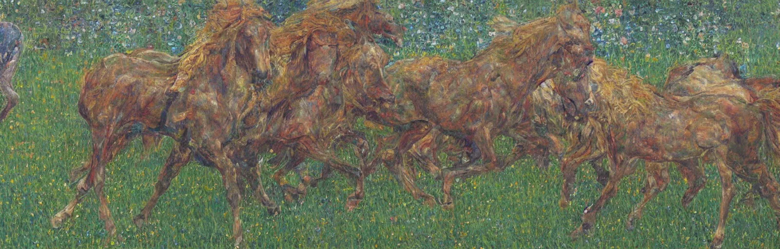 Image similar to lots of horses running through the field, hyper realistic, more details, they might be crawling, original oil on canvas painting by gustav klimt