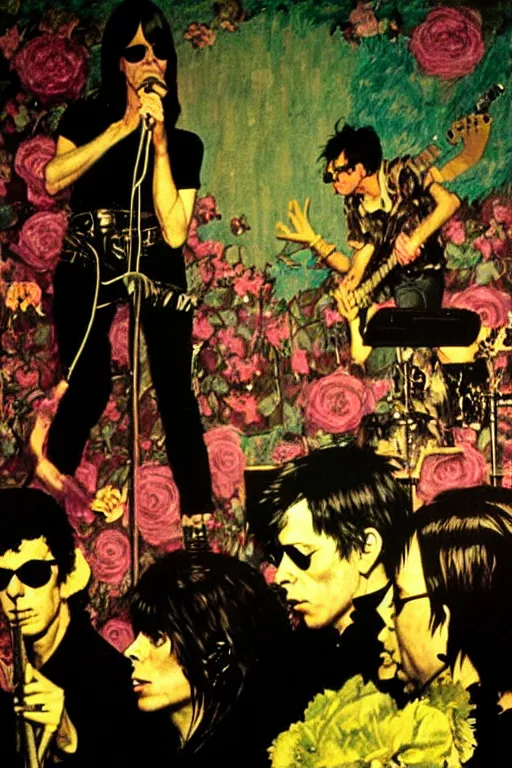 Prompt: the velvet underground and nico playing live on stage at a night club, nico in the center of stage, beautiful stage decoration with flowers in the background, painting by norman rockwell, very detailed and colorful and toned down and ornamental and moody and cool and relaxed and high on drugs, backlight, trending on artstation, behance contest winner