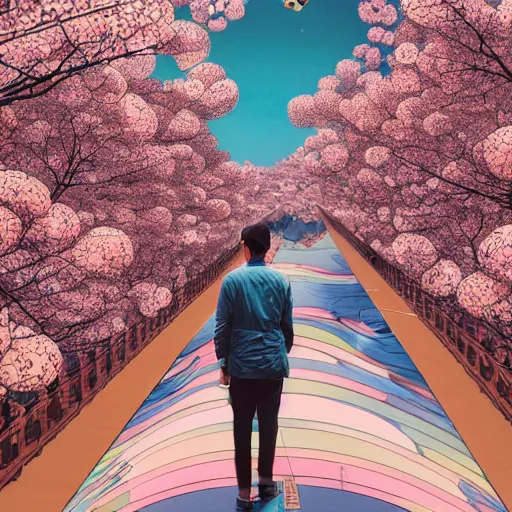 Image similar to a man walking on clouds away from the camera above kyoto by takashi murakami, beeple and james jean, aya takano color style, 4 k, super detailed, modern, 4 k, symmetrical