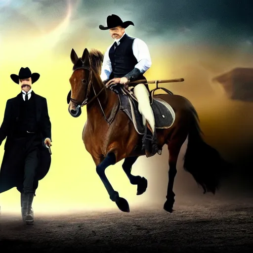 Prompt: wyatt earp and doc holliday being sucked into a black hole while riding horses, cinematic, max coherence, high detail, 8 k