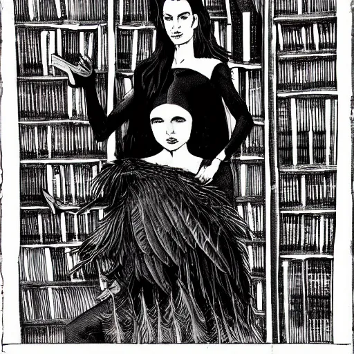 Prompt: young jennifer connelly as innocent tired sick sad inhuman gothic beauty with black feathers instead of hair, gray - skinned, black hands tipped with black claws, feathers growing out of skin, moulting, black cloak, sitting in elaborate wheelchair, in opulent library, romantic, comic book cover, vivid, beautiful, dreamy, illustration, highly detailed, rough paper, dark, oil painting