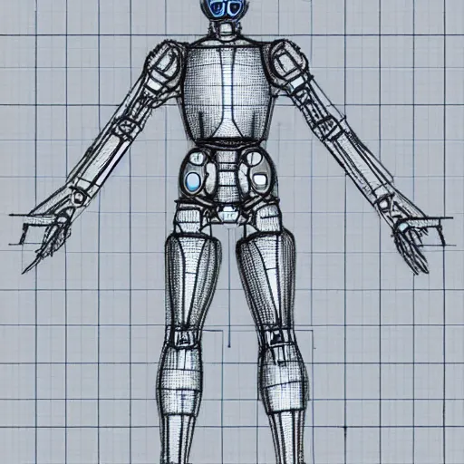 Image similar to T-posing image of a cybernetically augmented human male, monochrome, medium: pencil, technical drawing, blueprints, detailed