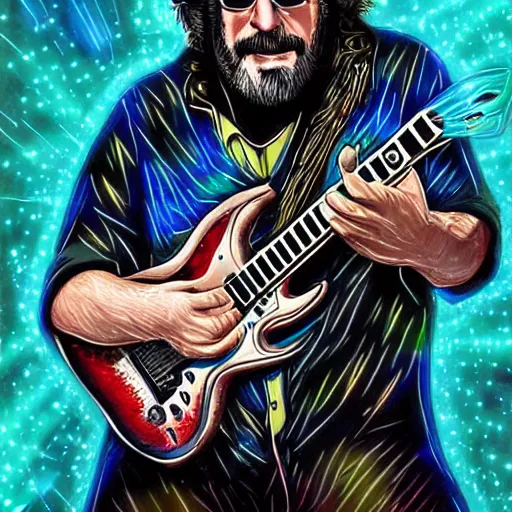 Image similar to a Jerry Garcia guitarist playing so intensely there is electricity shooting out from his guitar, energy beams under his finger tips, and magic sparkles from the freboard, amazing ditial art, trending on artstation, featured on deviantart