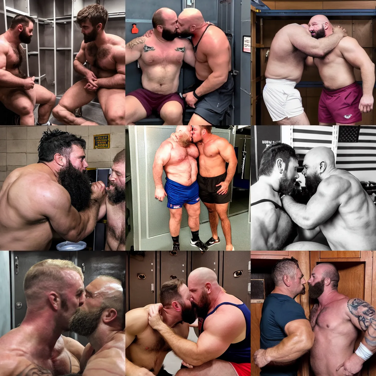 Prompt: hairy bury strongmen kissing in a locker room, dad energy, manly, shorts, masculinity