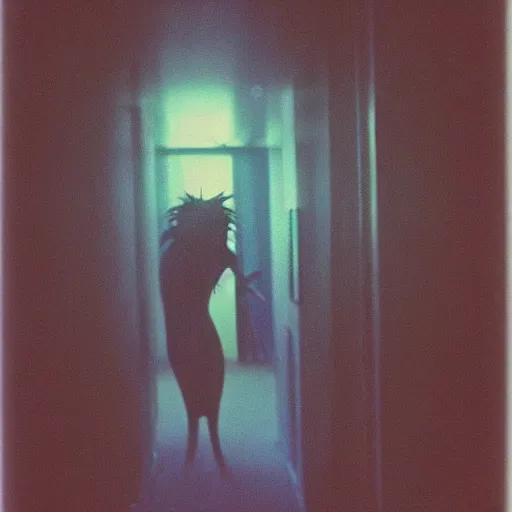 Prompt: extremely tall horror creature with long limbs and big teeth in the hallway at home at night, grainy color 35mm photograph