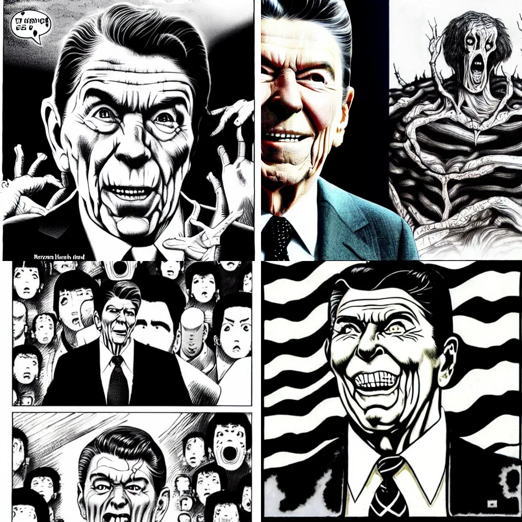 Prompt: ronald reagan in a junji ito manga, horror, monster, black and white!!!!