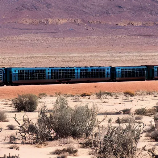 Prompt: Snowpiercer train in the desert, high quality 4k photograph