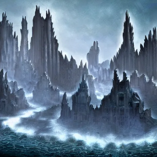 Image similar to fantasy rendering of atlantis rising, art deco city, torrent, maelstrom, dante, chiseled formations, atmospheric, ambient, frost, matte painting