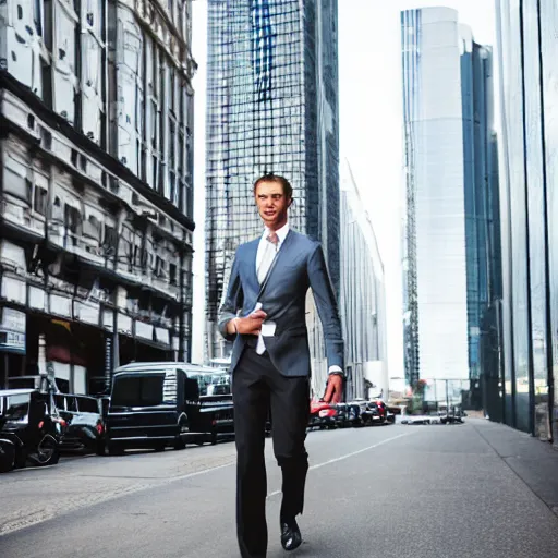 Image similar to portrait photograph of a very tall, elegantly dressed businessman walking through the city