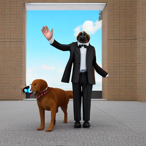 Image similar to Dog in a suit waving goodbye to his doggie coworkers, animal workers, 8k, highly detailed, realistic, unreal, trending artstation,