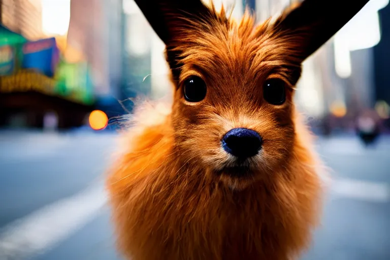 Image similar to closeup potrait of Eevee on a new york sidewalk, natural light, sharp, detailed face, magazine, press, photo, Steve McCurry, David Lazar, Canon, Nikon, focus