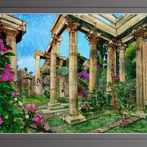 Prompt: garden on paper floating puffy vines herbarium watercolors iridescent 8 k wide angle realistic artstation italian neoliberty architecture pompeii