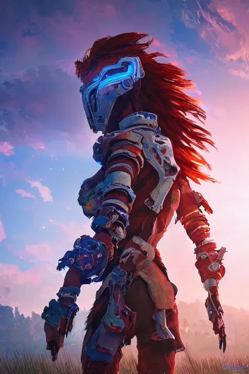 Image similar to combination suit armor aloy horizon forbidden west horizon zero dawn radiating a glowing aura global illumination ray tracing hdr fanart arstation by ian pesty and alena aenami artworks in 4 k tribal robot ninja mask helmet backpack