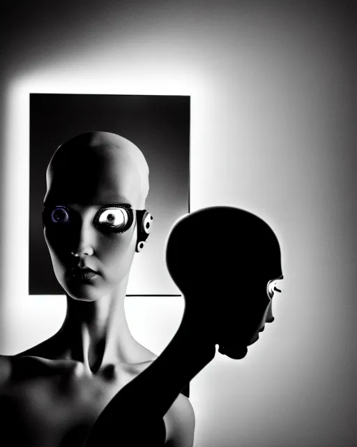 Image similar to black and white high quality photo of a female AI-cyborg-doll looking into a sci-fi mirror, volumetric lighting, hyperdetailed, photorealistic, masterpiece, elegant, dark, in the style of Man Ray,