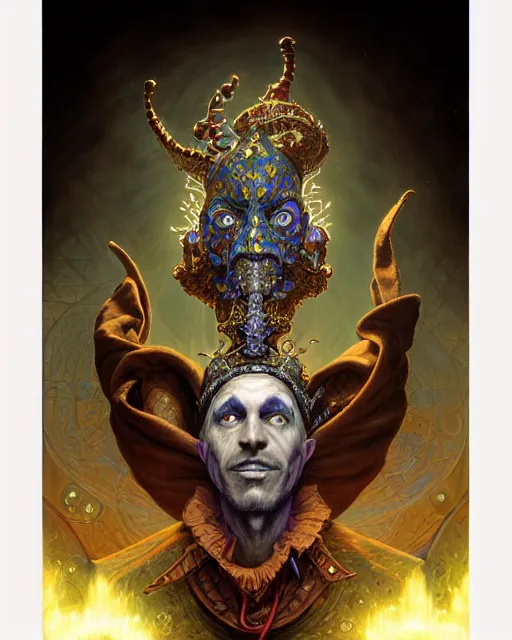 Image similar to front shot of a court jester character, hyperdimensional, bioluminescent hypercubes, ((intricate)), elegant, highly detailed, centered, (((artstation, concept art, smooth, sharp focus, artgerm, Tomasz Alen Kopera, Peter Mohrbacher, donato giancola, Joseph Christian Leyendecker, WLOP, Boris Vallejo))), mugshot!!!!!, ugly!!!!!!, octane render, nvidia raytracing demo, grainy, muted, 8K, digitalblasphemy