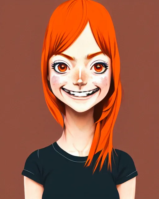 Image similar to beautiful anime girl, full body Emma Stone, orange glowing hair, sarcastic smiling, clear clean face, symmetrical face, blurry background, face by Ilya Kushinov style, Norman Rockwell, painterly style, flat illustration