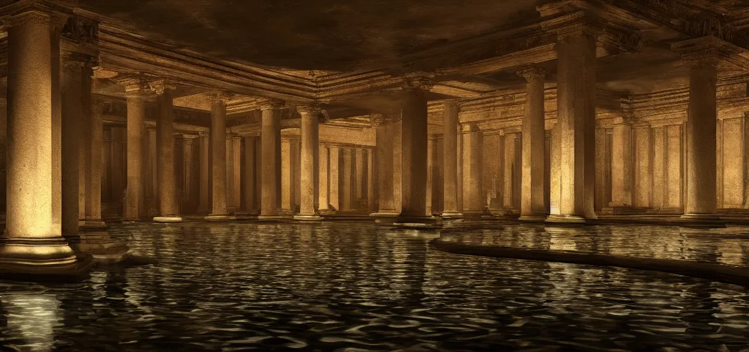 Prompt: dramatic photo of underground roman interior, ambient occlusion, glowing pool of water with realistic light refraction, caustics, making the pillars glow, ancient marble statues, raytracing, unreal engine, dramatic lighting, detailed,, global illumination, god rays, 3 d artstation by greg rutowski and jessica rossier