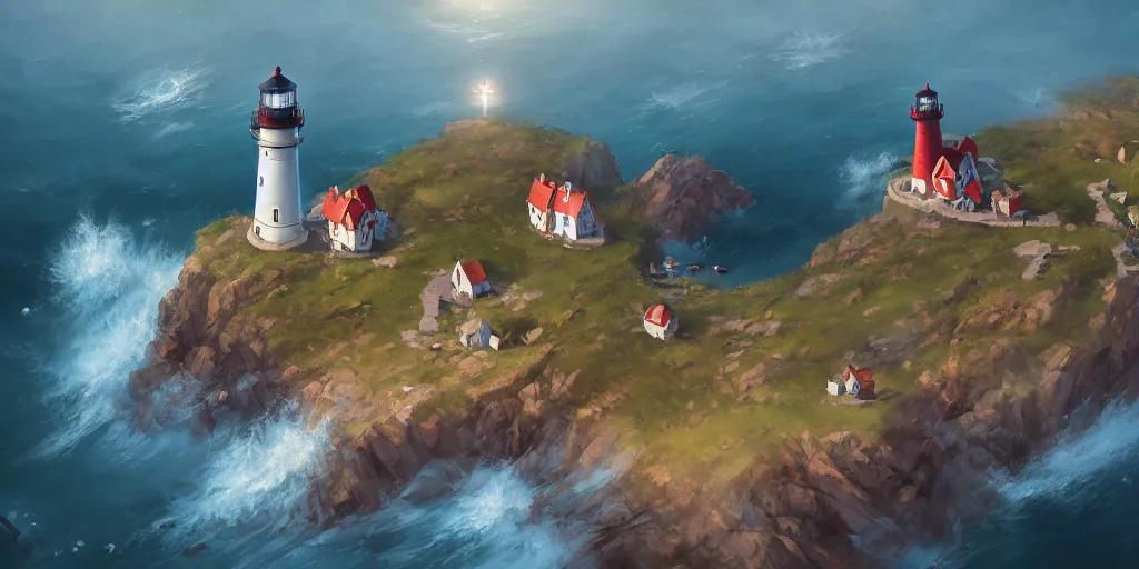 Image similar to Small fantasy village on a cape with a lighthouse, fishing boats, view from above. In style of Greg Rutkowski, Jesper Ejsing, Makoto Shinkai, trending on ArtStation, fantasy, great composition, concept art, highly detailed, scenery, 8K, Behance.