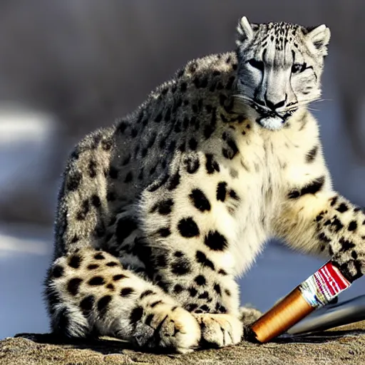 Prompt: Snow leopard smoking a joint, award-winning photo